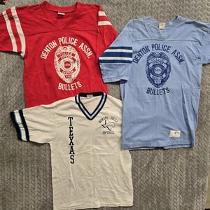 3 VTG‎ Denton Police Softball Shirt BANTAM Medium Single Stitch ¾ Sleeve Ringer